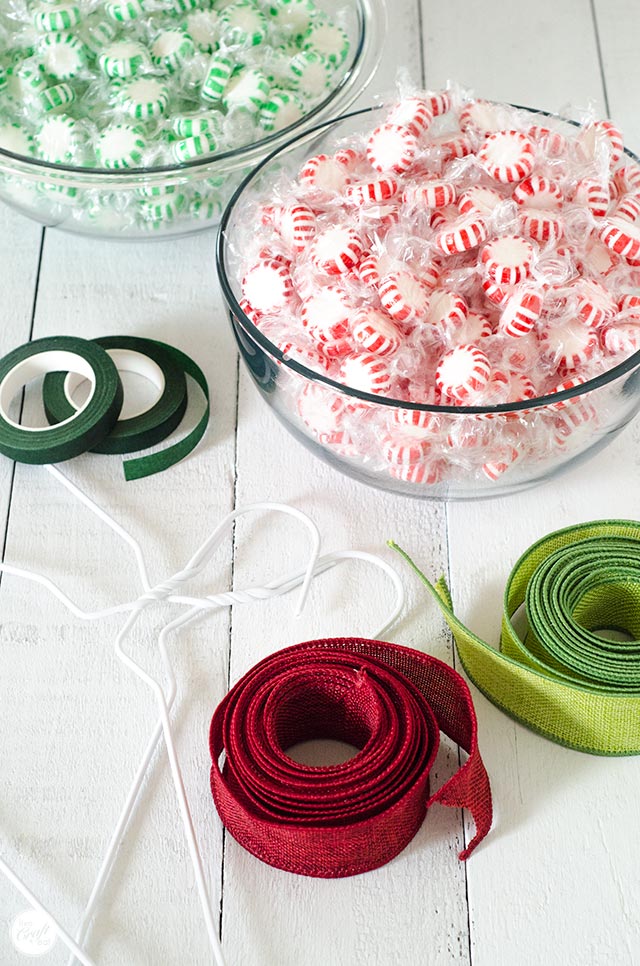 starlight peppermint or spearmint candies, floral tape, wire hangers, and ribbon