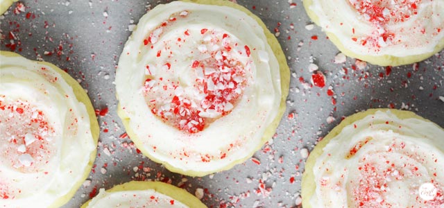 cream cheese cookies with cream cheese frosting and candy cane