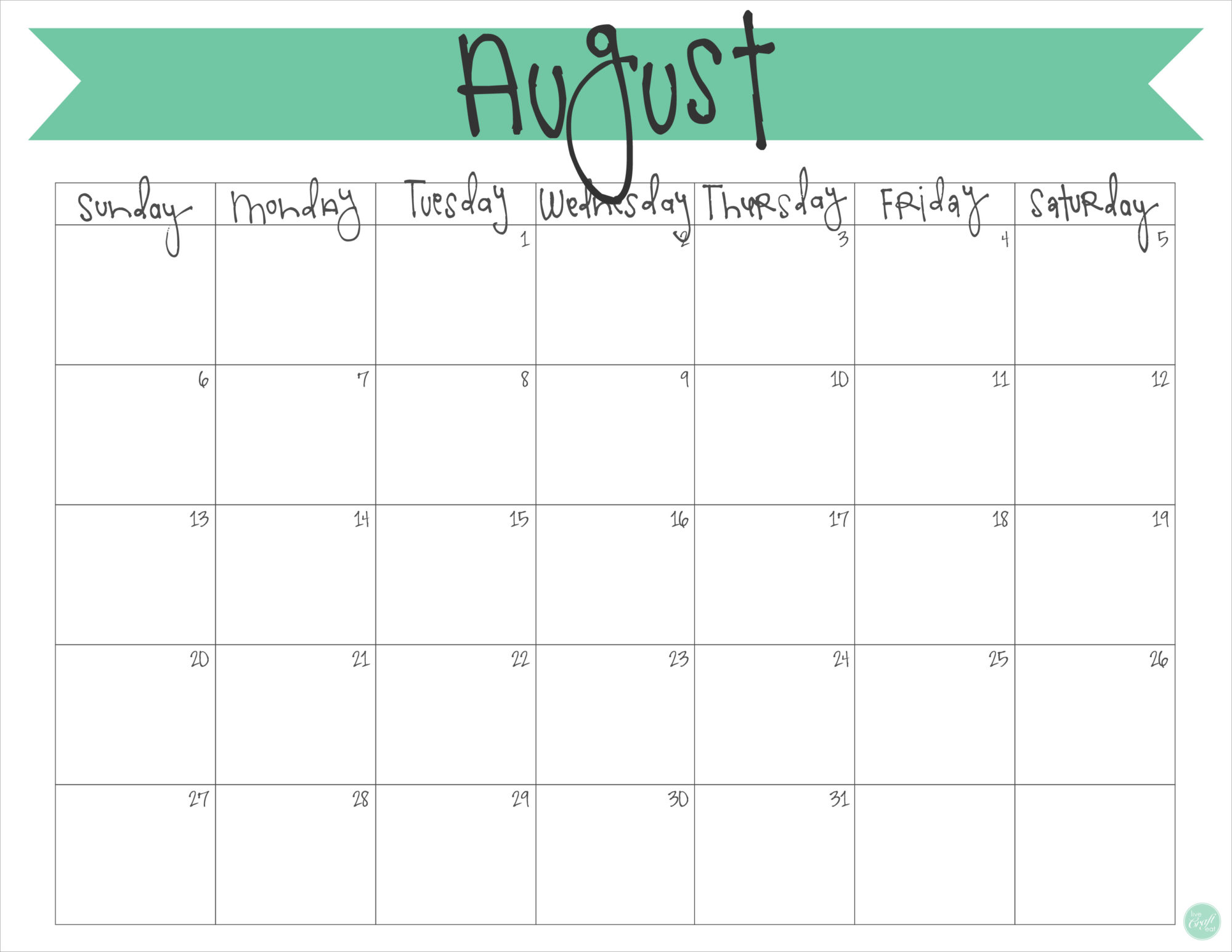 August 2017 Calendar - Free Printable | Live Craft Eat