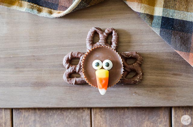 candy corn beak on chocolate turkey