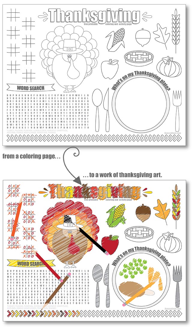 free printable 8.5"x11" thanksgiving coloring and activity placemat for kids