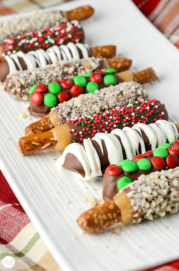 candy-covered chocolate caramel pretzel rods with homemade caramel