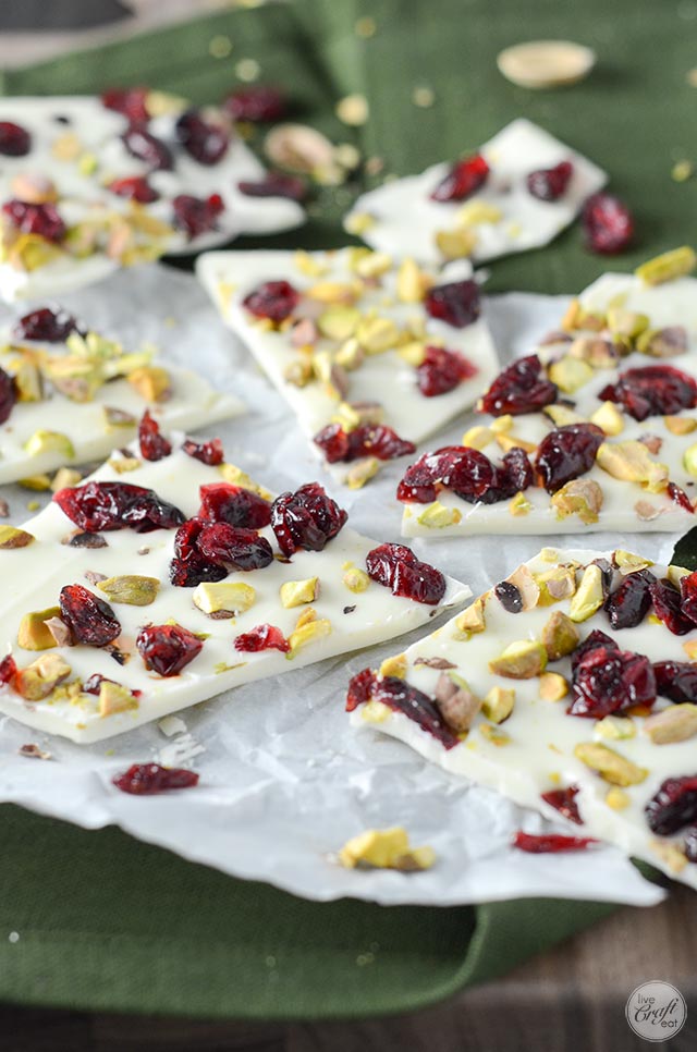 white chocolate, cranberry, and pistachio bark