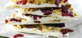 white chocolate bark with cranberries and pistachios