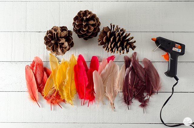 pinecones, faux feathers, hot glue gun