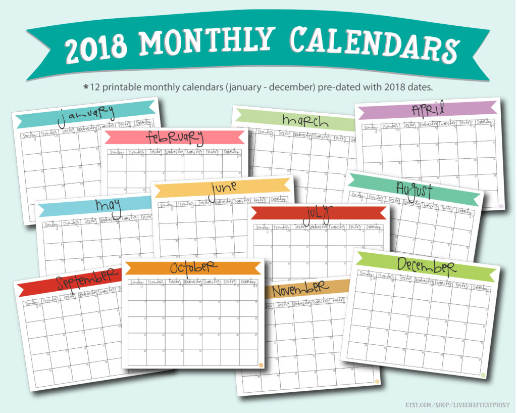 2018 printable monthly calendars