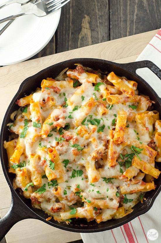 five-cheese baked ziti with homemade tomato cream sauce + italian sausage