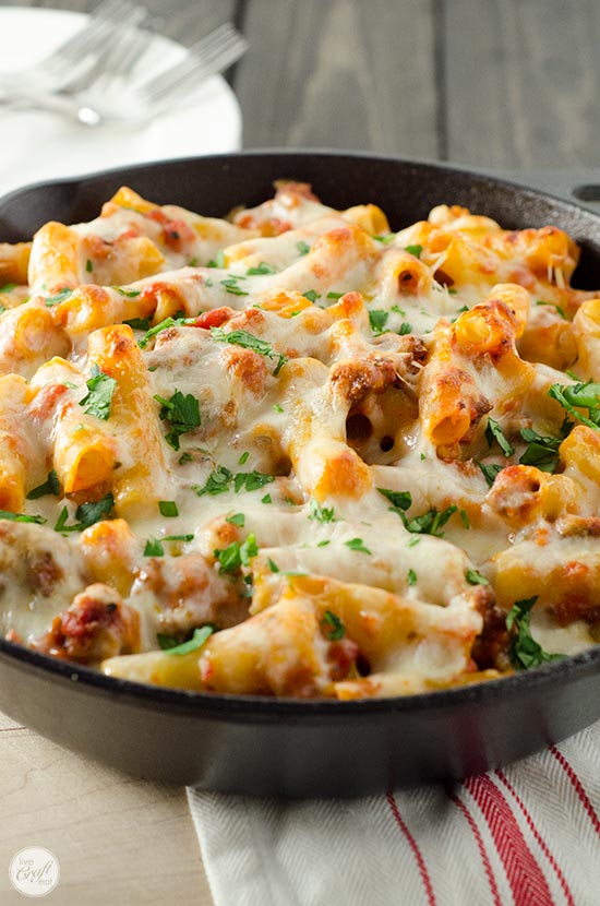 five-cheese baked ziti in cast iron skillet