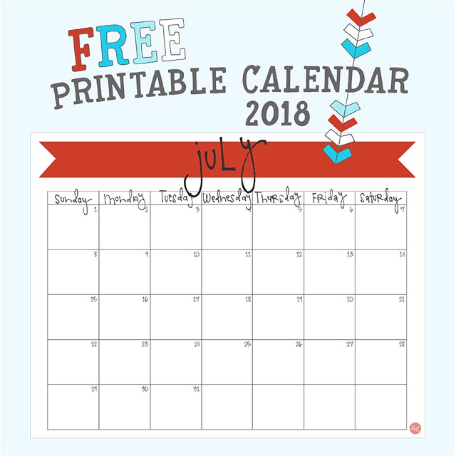 free printable july 2018 monthly calendar