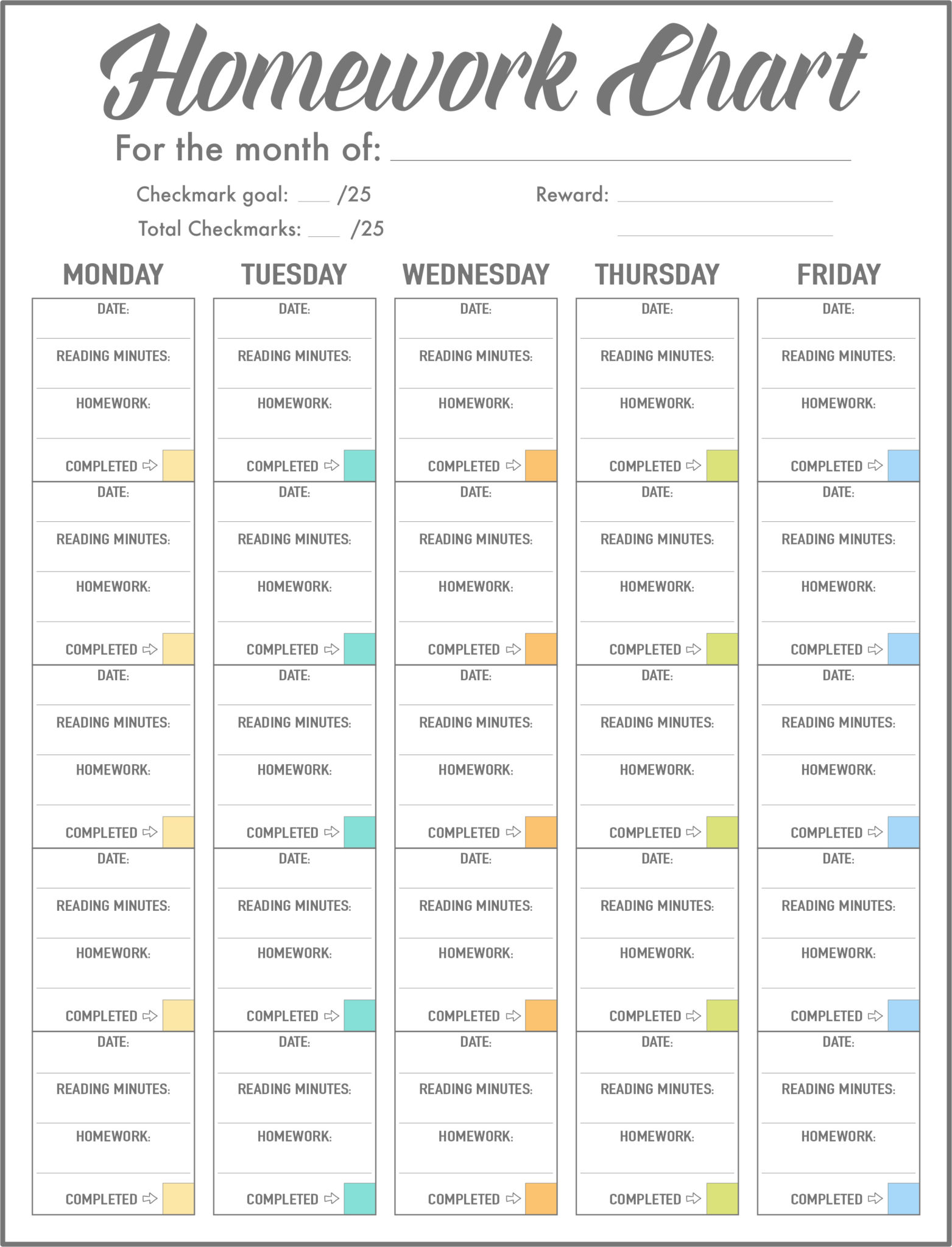 homework incentive chart