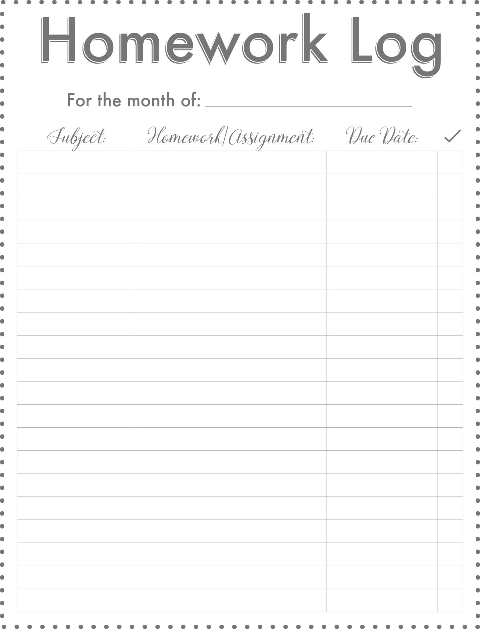 monthly homework chart