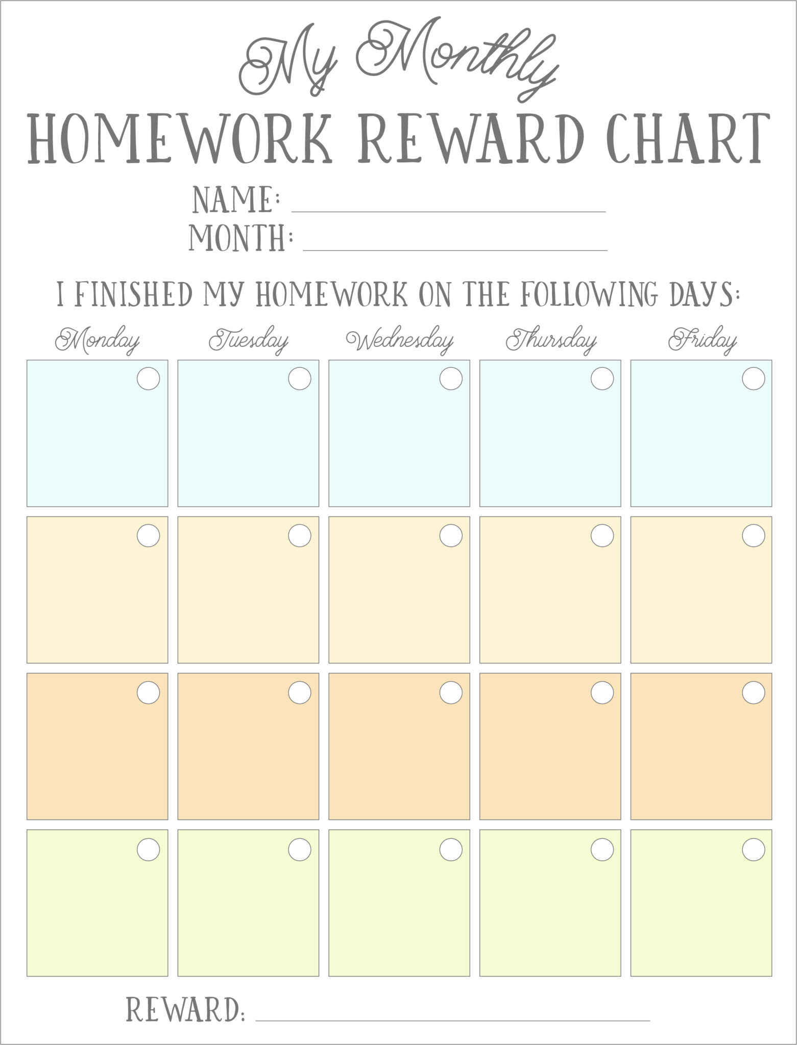 homework reward chart printable