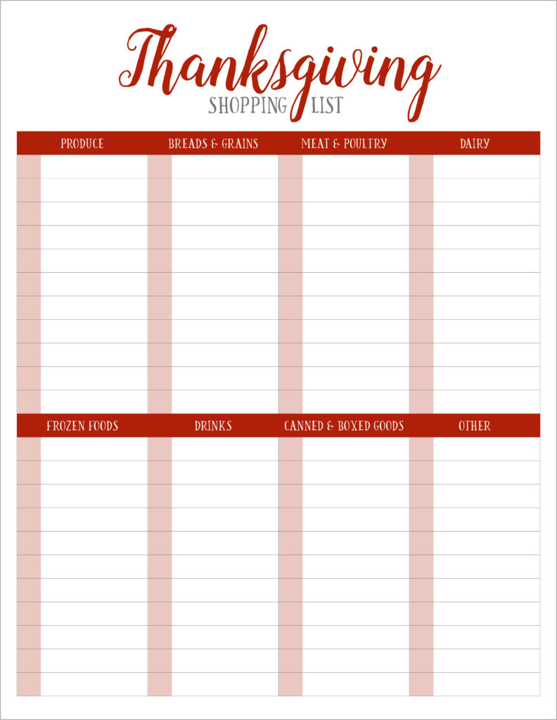 Thanksgiving Grocery Planner One Table