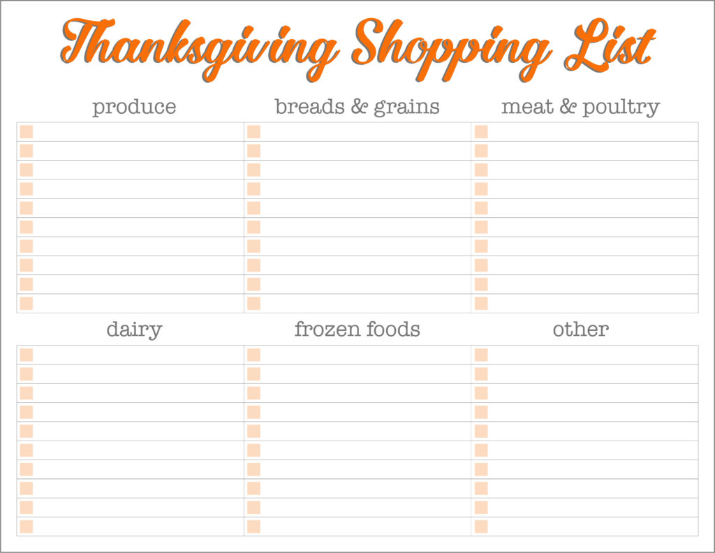 thanksgiving shopping list sections