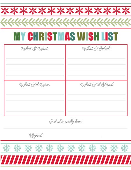 printable Christmas wish list for kids