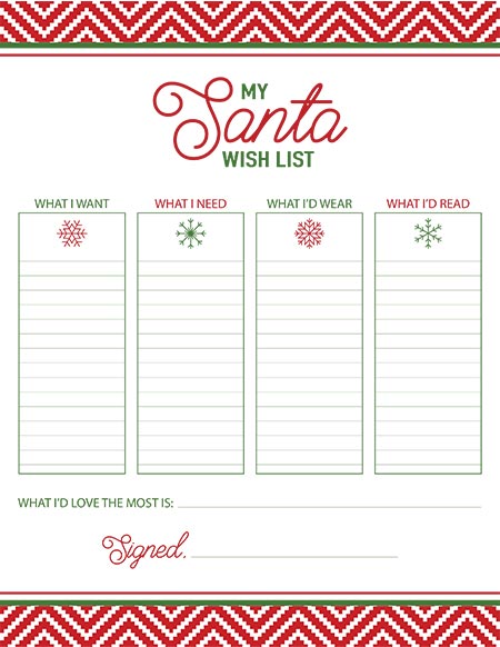 red and gree printable Santa wish list for kids
