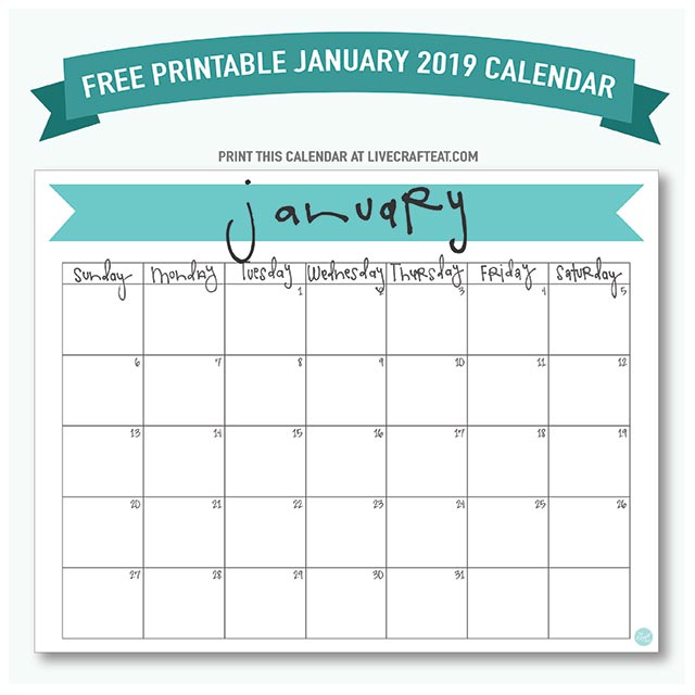 free printable January 2019 calendar