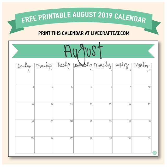 Free printable :: August 2019 8.5" x 11" calendar