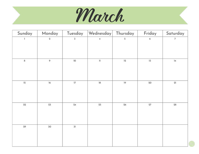 Free printable 8.5" 11" March 2020 calendar