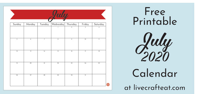 Free printable July 2020 calendar