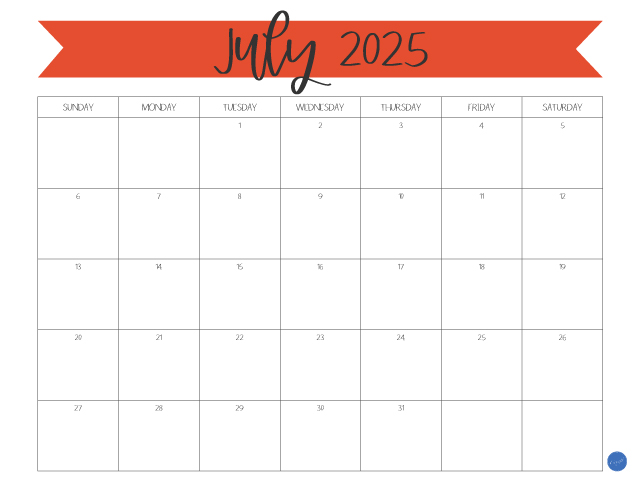 July 2025 Free Printable Monthly Calendar!