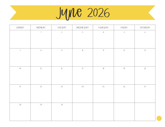 Free Printable June 2026 Monthly Calendar